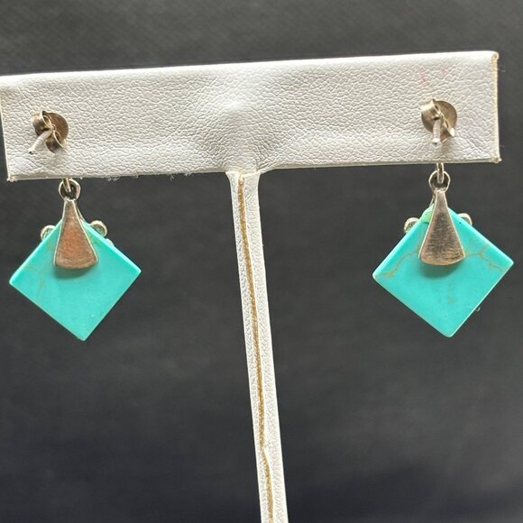 Genuine Turquoise, Marcasites on Sterling Silver Dangle Earrings Minimal Clasd - Picture 5 of 8